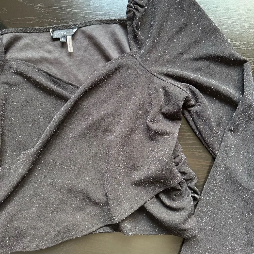 1 State Black Sparkle Square Neck Puff Sleeve Party Top L